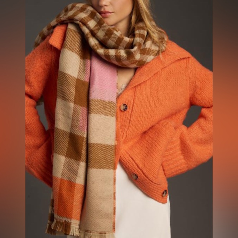 Cozy Reversible Plaid Scarf by Maeve Anthropologie pink tan orange